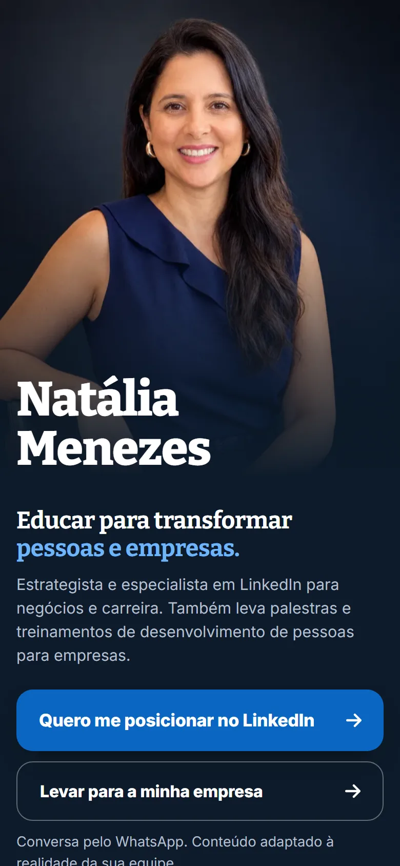 Página de bio da Natália Menezes aberta no celular, no endereço nataliamenezes.com.br: foto dela, nome, frase de posicionamento e botão principal para o LinkedIn