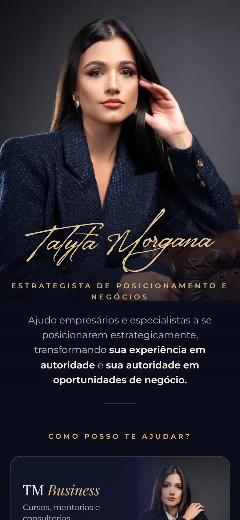 Topo da página de bio da Talyta Morgana: foto, nome em assinatura e frase de posicionamento